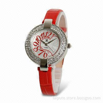 Women's Jewelry Watch with Diamonds on the Dial and Red Leather Strap in Import Movement